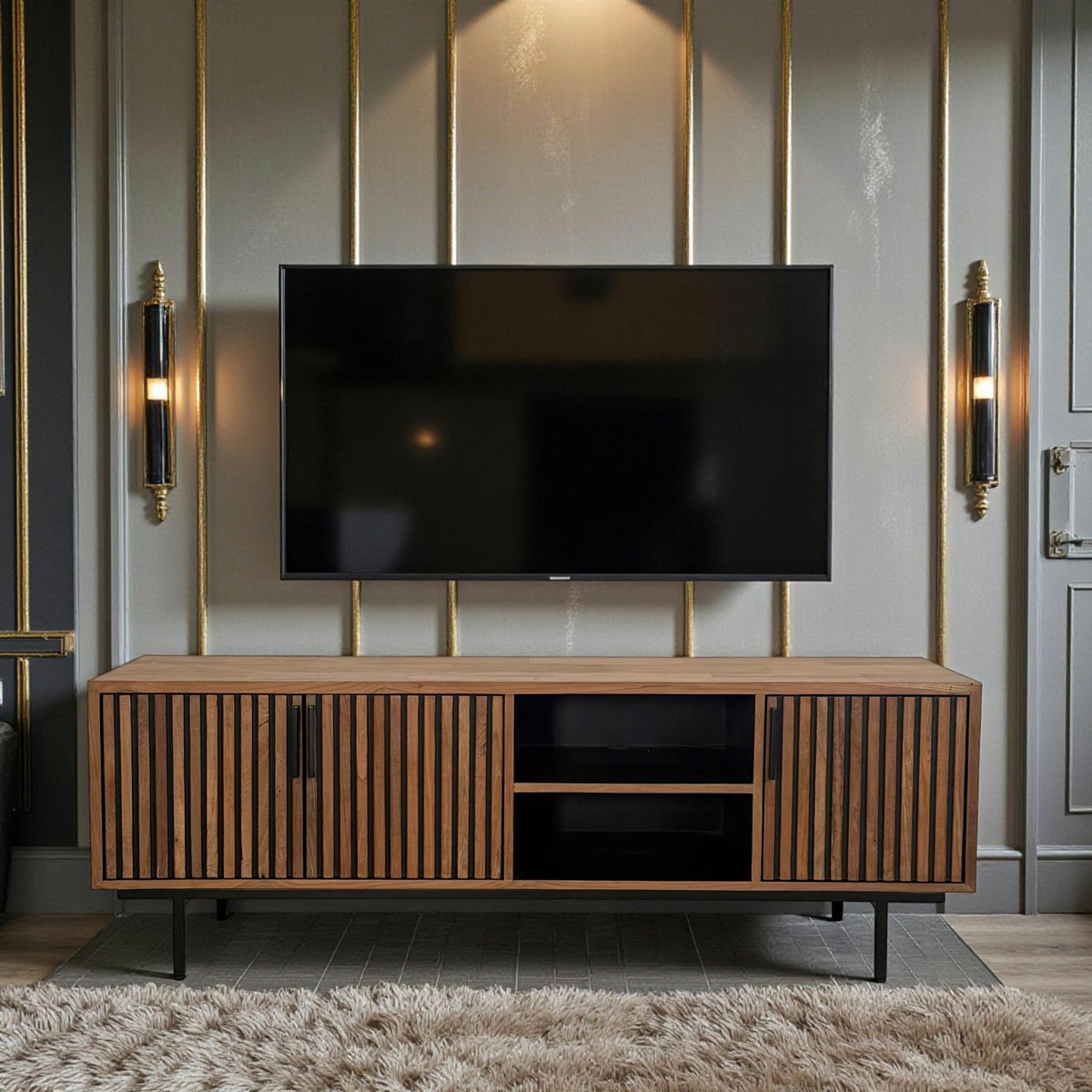 Meuble TV 3 portes 2 niches teck recyclé FANO bois naturel, PIER IMPORT
