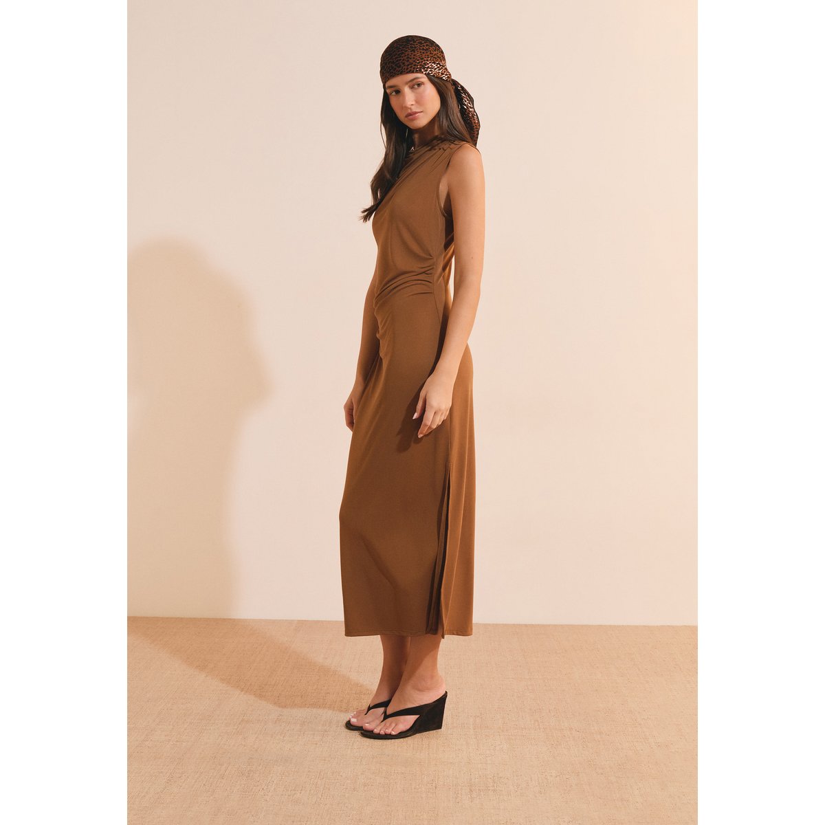 Robe longue drapée REVA marron, ETAM