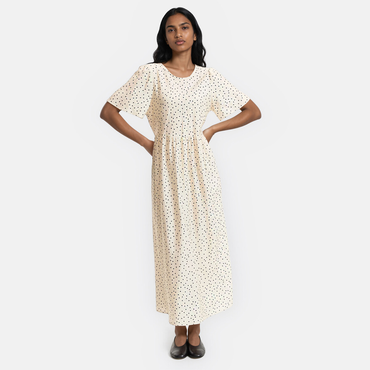Robe longue col rond manches courtes à pois imprimé pois fond écru, LA REDOUTE COLLECTIONS