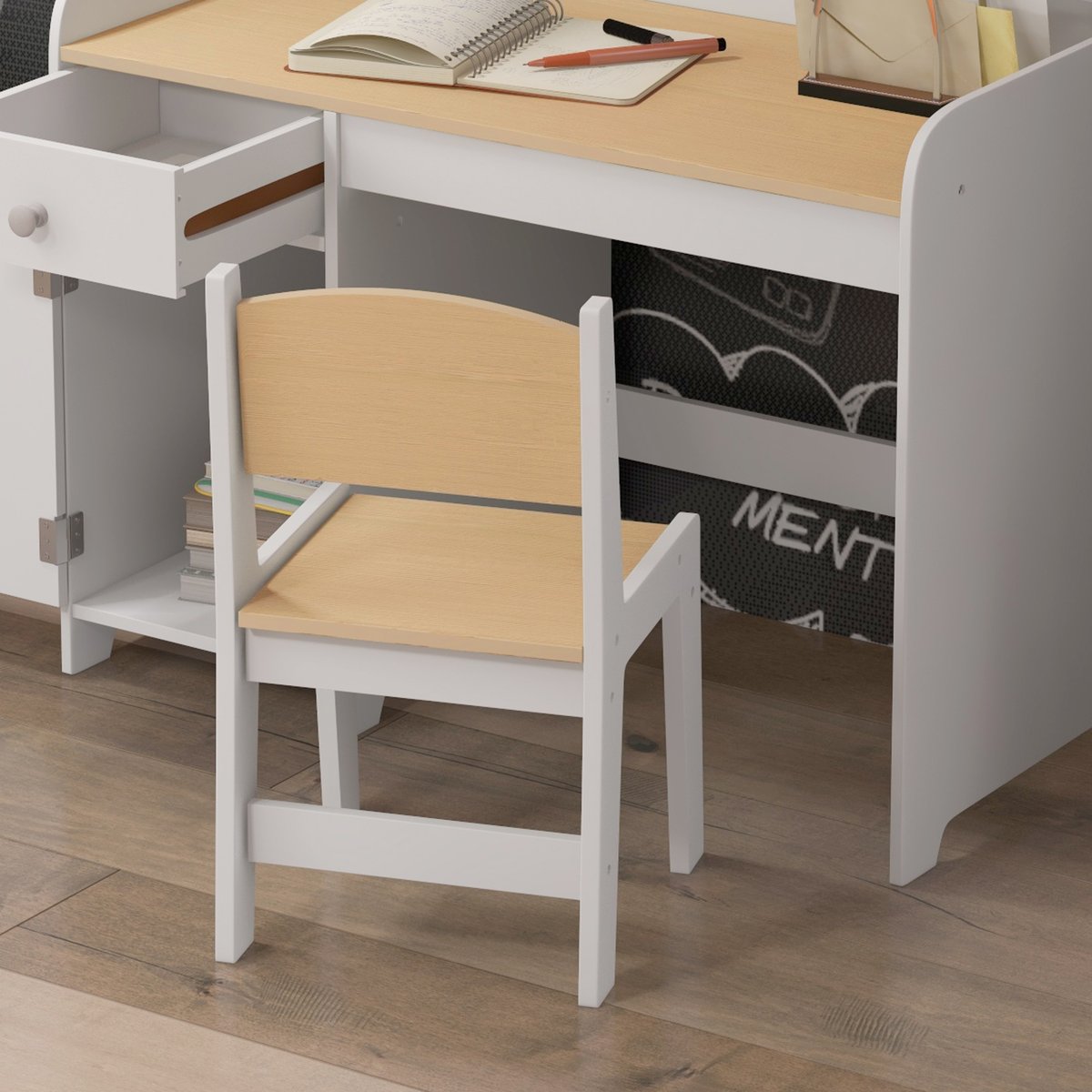 Bureau d'étude pour enfants avec chaise MDF blanc et bois clair, ZONEKIZ