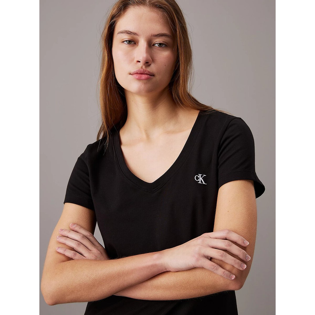 T-shirt scollo a v maniche corte nero , CALVIN KLEIN JEANS