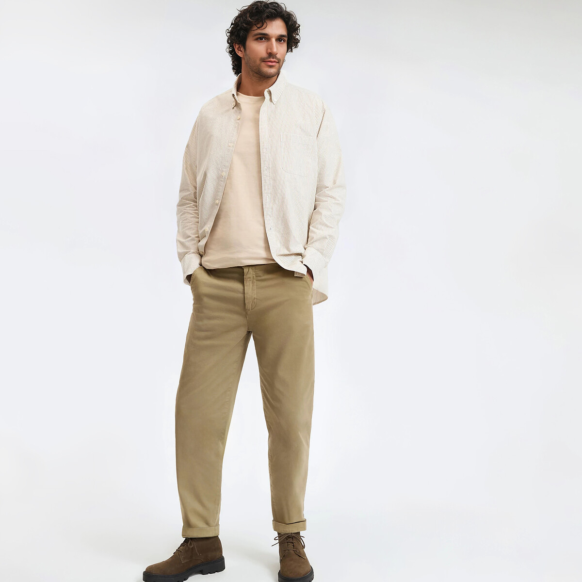 Regular Fit Crew Neck T-Shirt with Coffee Embroidery light beige, LA REDOUTE COLLECTIONS