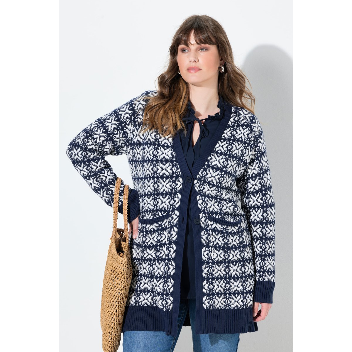Cardigan en cpoton bio avec encolure en V bleu marine, ULLA POPKEN