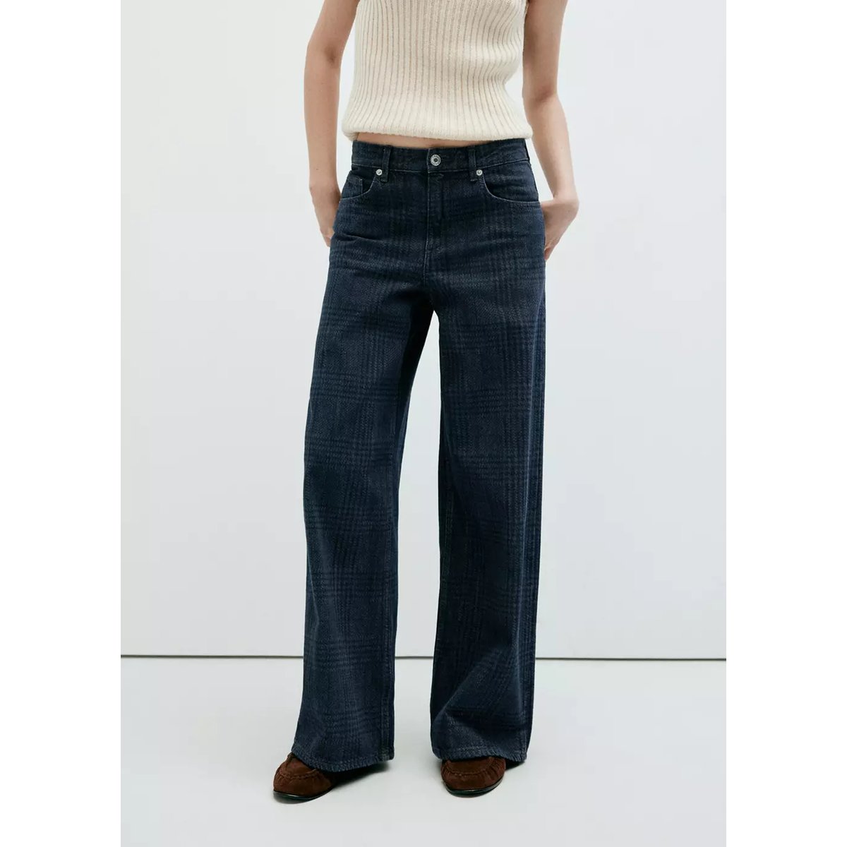 Jean wide leg à carreaux bleu, MANGO