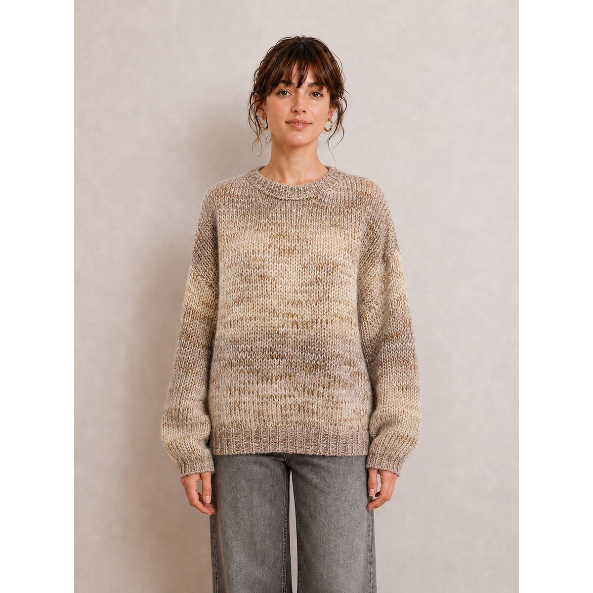 Maglione melange a collo rotondo beige, SEE U SOON