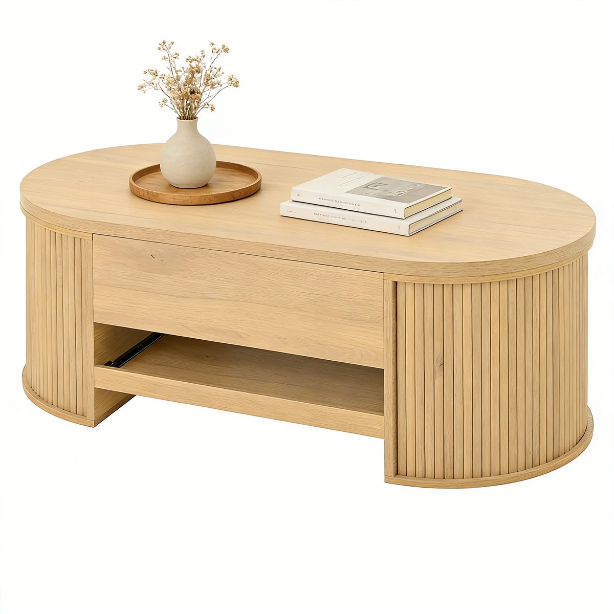 Table basse relevable panneaux courbes, CHESTNUT oak, MEUBLES COSY