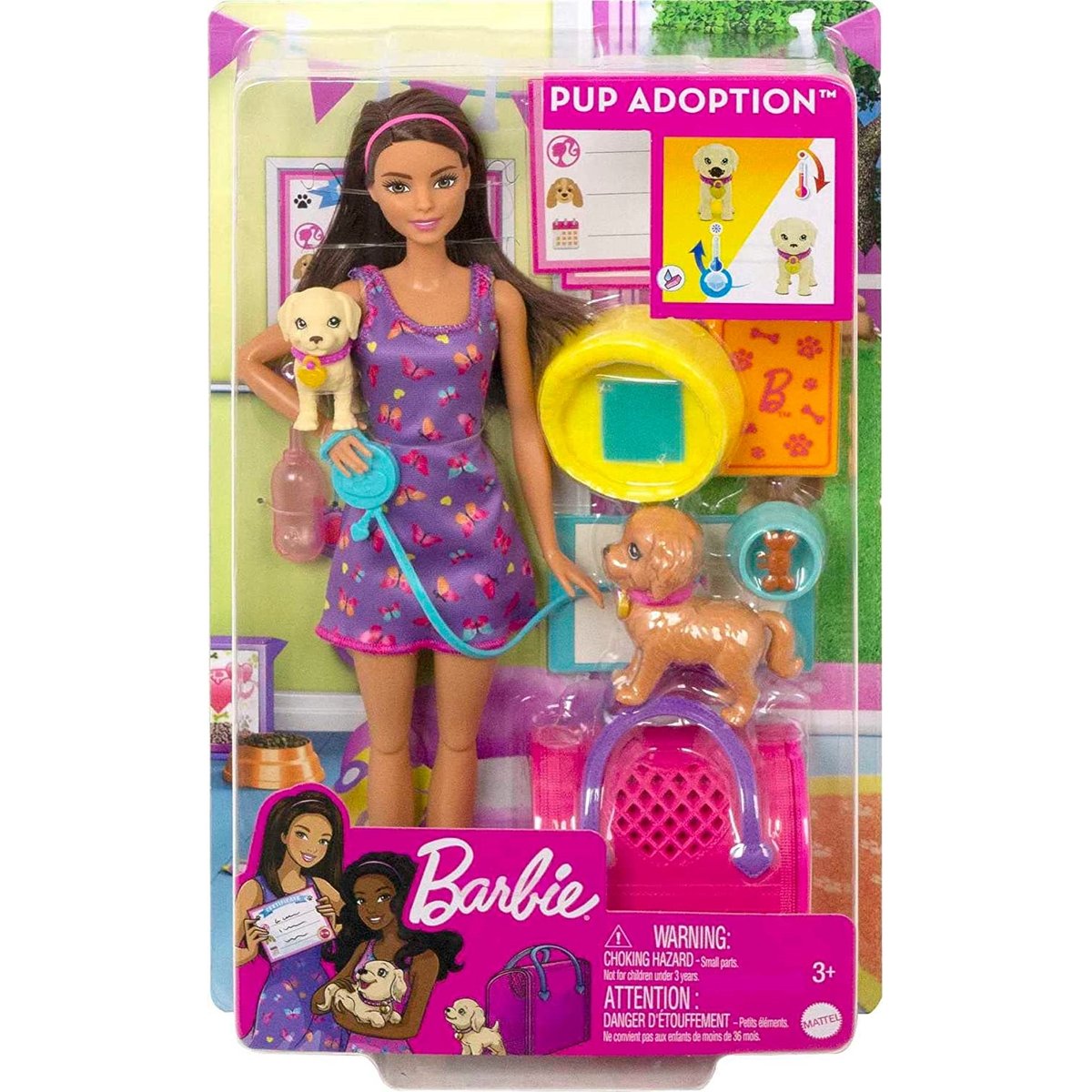 Set de jeu d'adoption de chiots avec poupée brunette multicolore, MATTEL