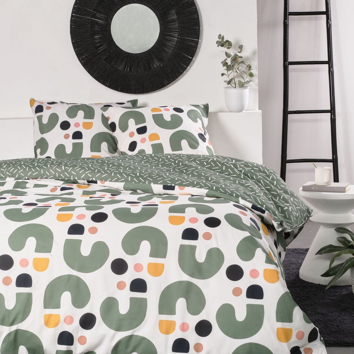 Parure de lit imprimé Graphique coton SUNSHINE KALI vert, TODAY