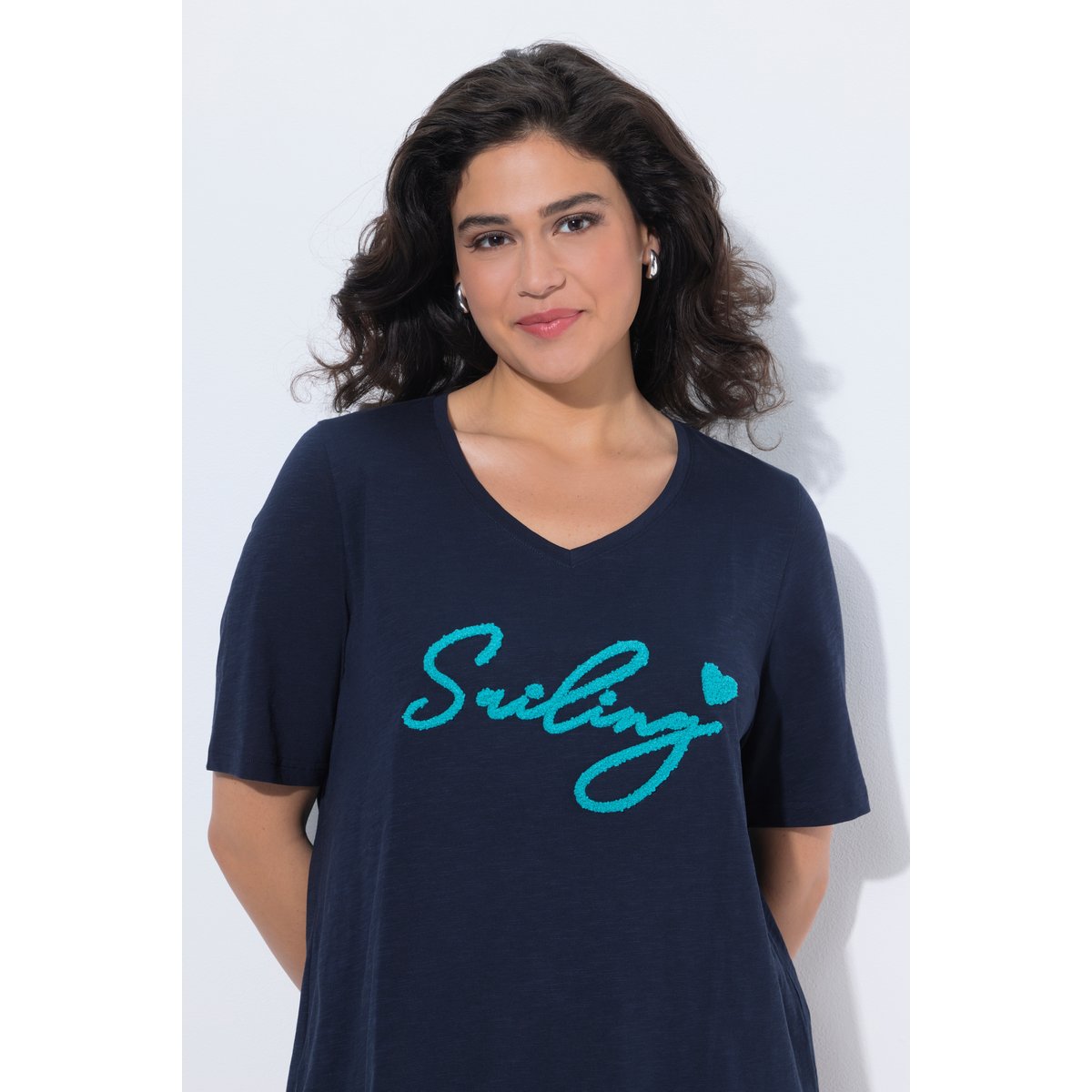 T-shirt manches courtes et col en V marine, ULLA POPKEN