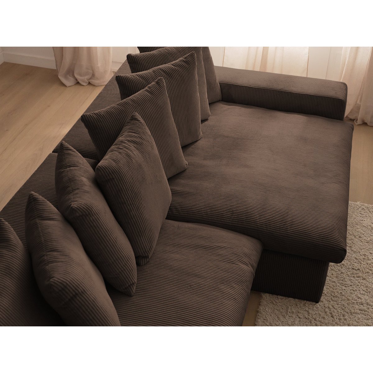 Canapé d'angle fixe 3 places en velours côtelé avec pouf, ENORE marron, BOBOCHIC