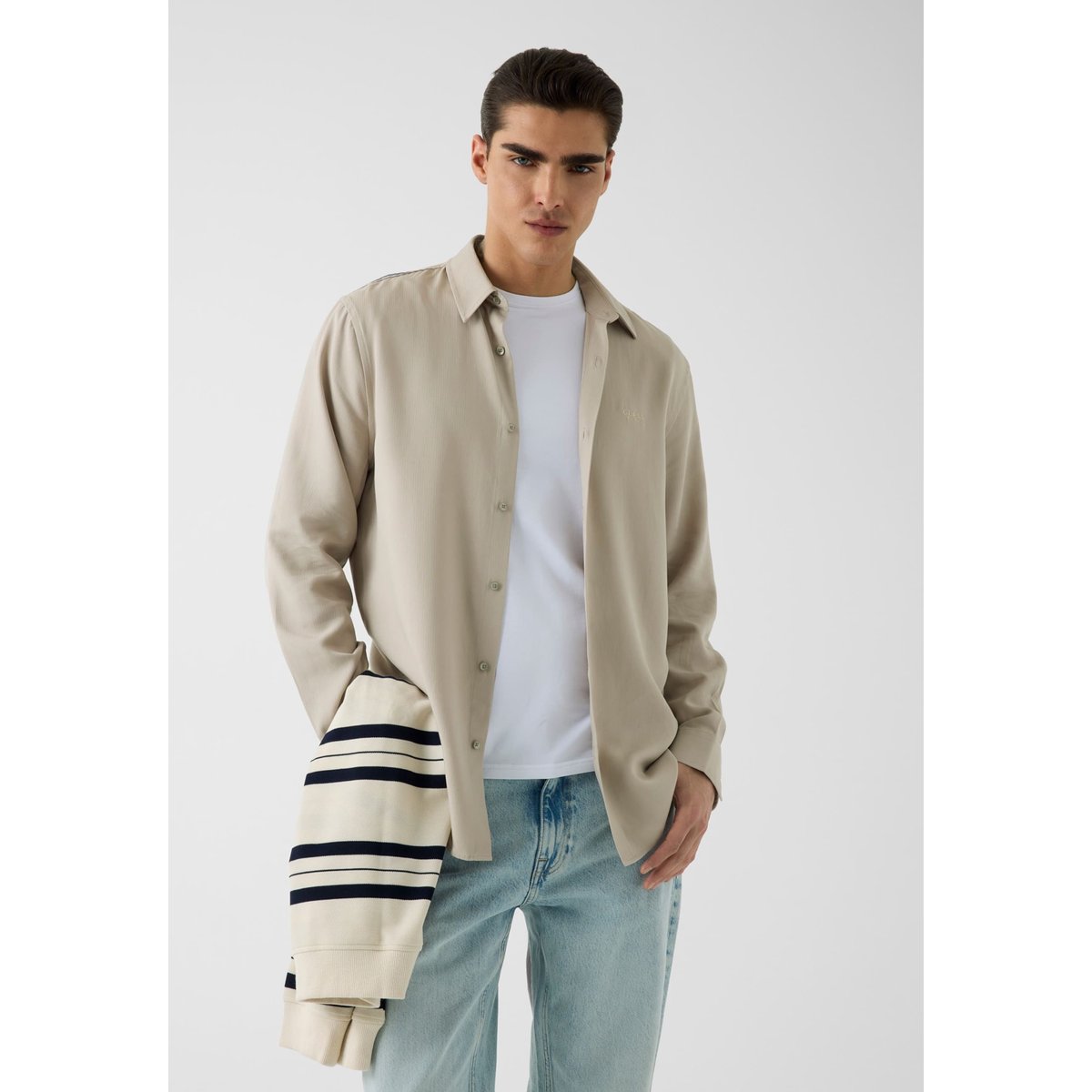 Chemise Avec Logo Brodé beige, GUESS