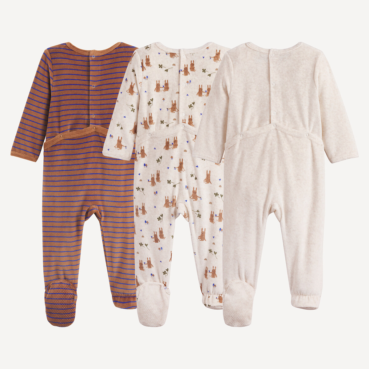 Lot de 3 pyjamas 1 pièce, en velours, motif lapins et rayures assortis, LA REDOUTE COLLECTIONS