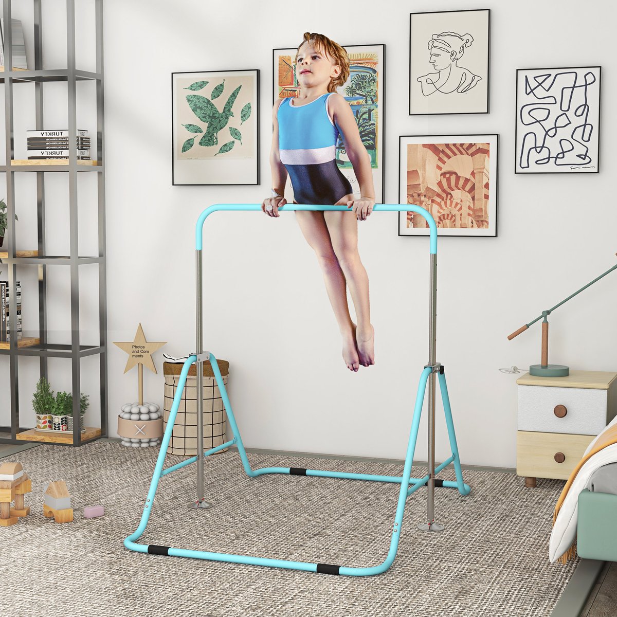 Barre de gymnastique pour enfants Acier Vert bleu, HOMCOM