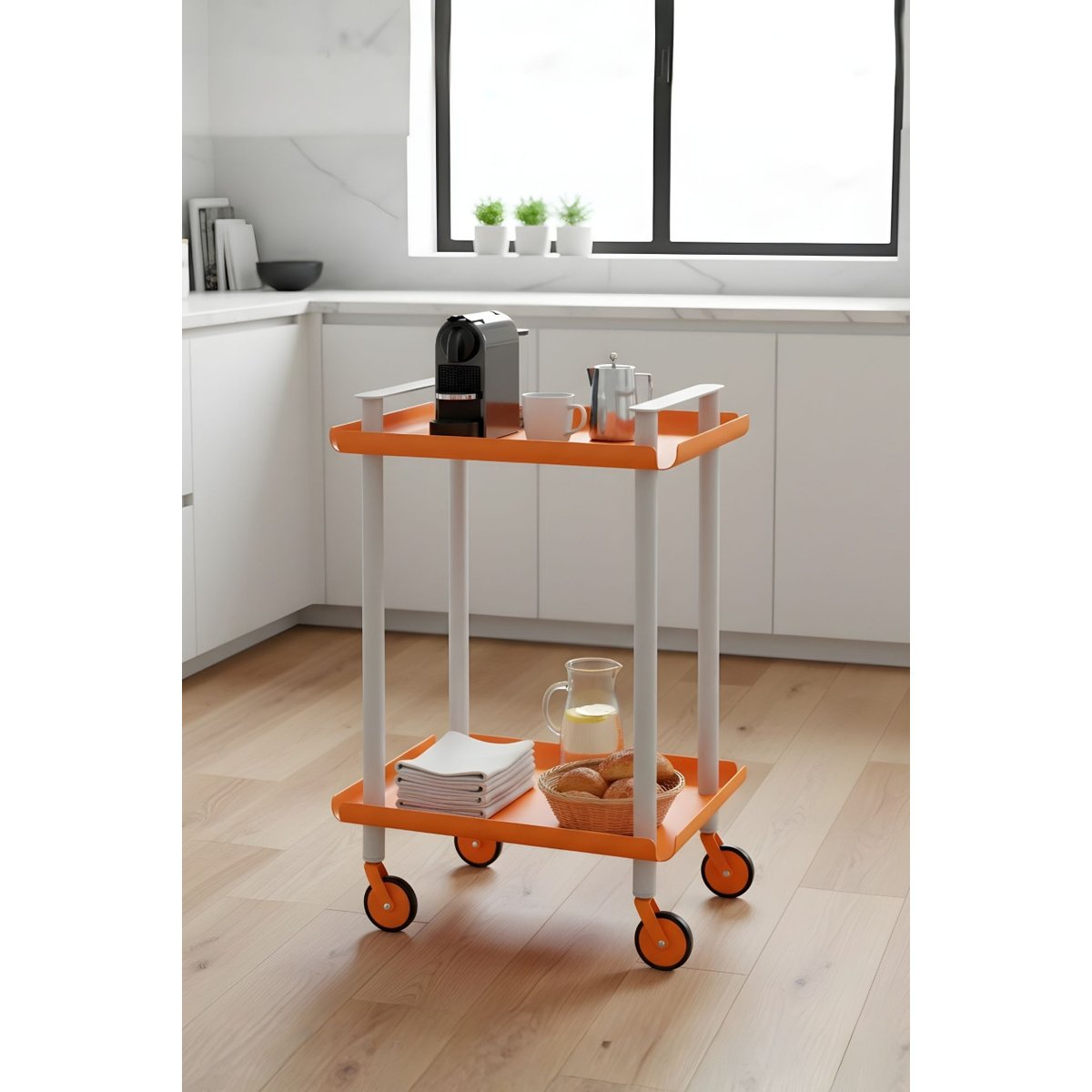 Desserte à roulettes, table roulante d'appoint, 2 niveaux LEKY gris / orange, DON HIERRO