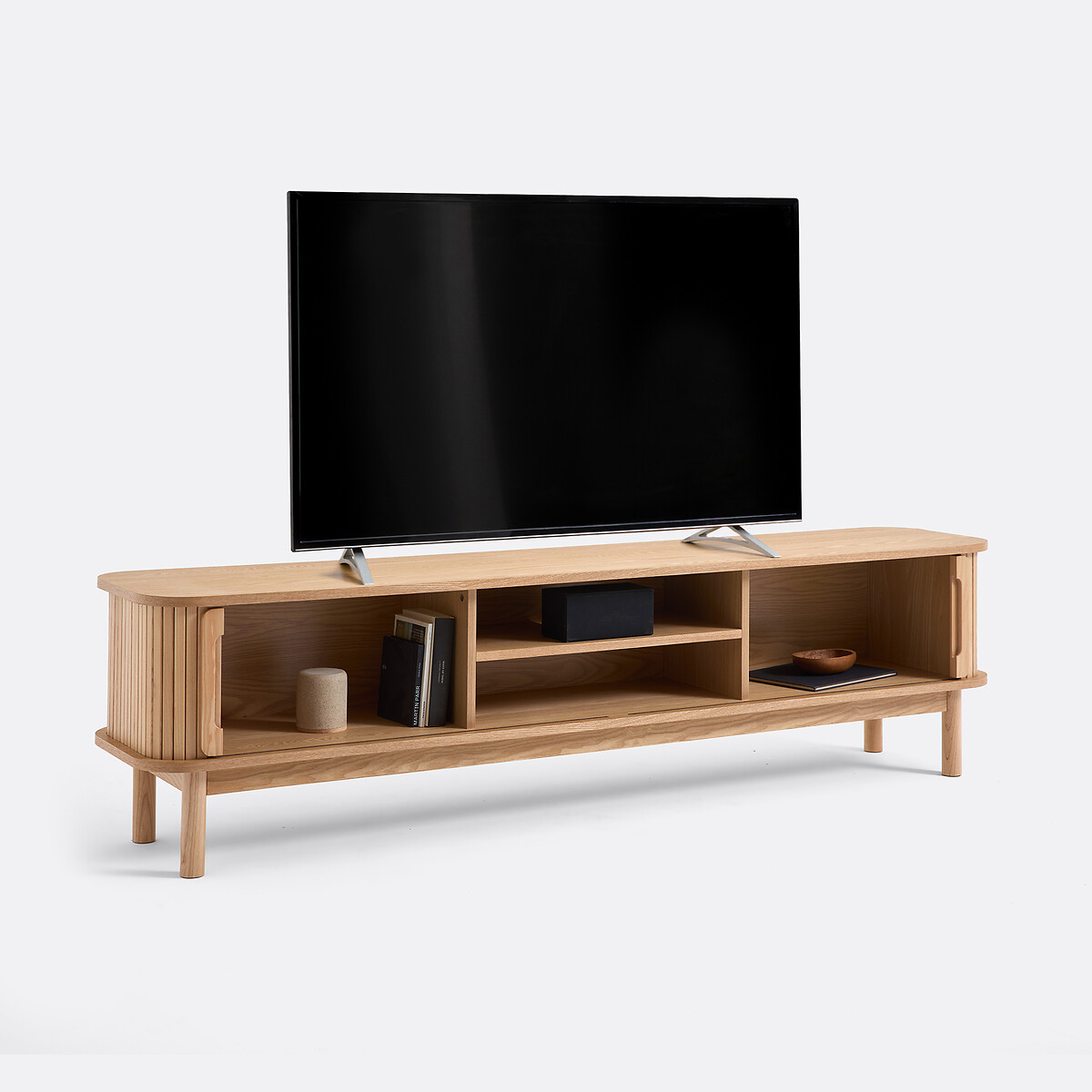 Meuble TV en frêne et plaqué, 2 portes coulissantes, largeur 200 cm, WAPONG teinté chêne, LA REDOUTE INTERIEURS