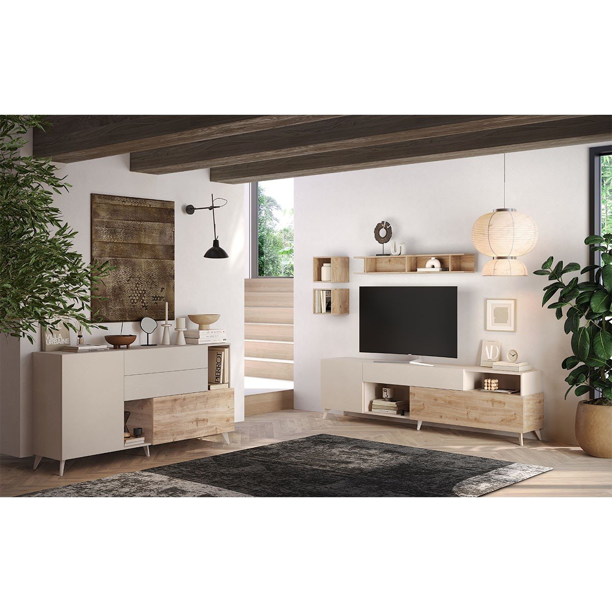 Buffet 2 portes, 2 tiroirs, 2 niches et 2 étagères L181 cm - MALA beige / chêne, CALICOSY