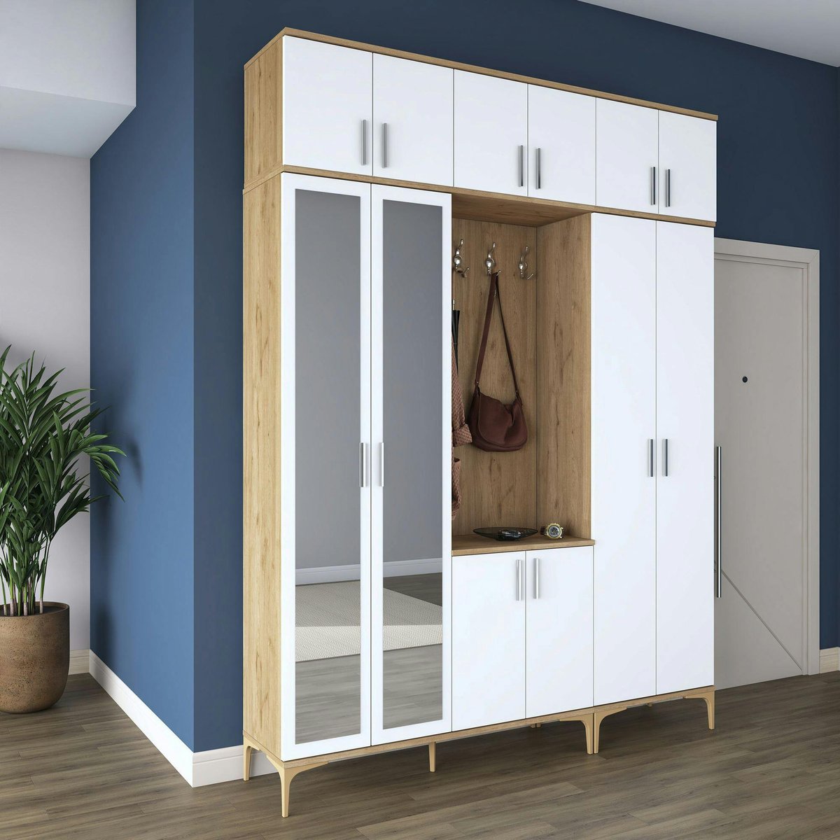 Vestiaire d'entrée blanc et décor noyer avec miroir JENA marron, PIER IMPORT