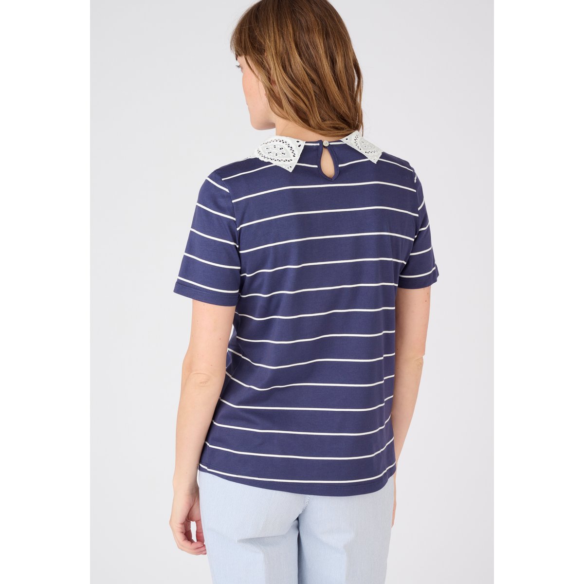 Tee-shirt col broderie anglaise bleu marine rayé, DAMART