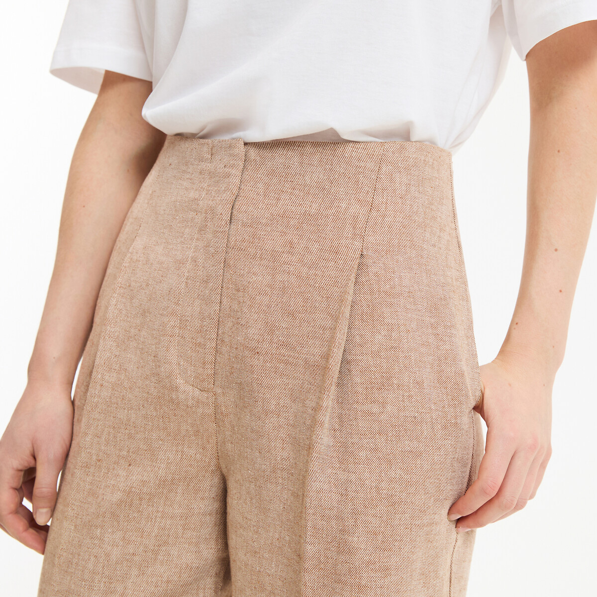 Pantalon cigarette taille haute en lin et coton camel, LA REDOUTE COLLECTIONS