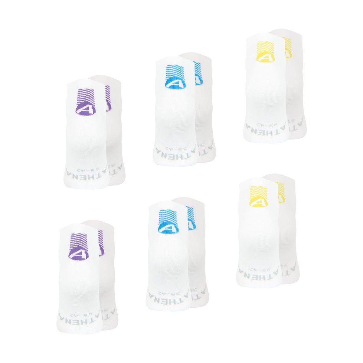Socquettes, lot de 6 paires, training dry blanc et jaune-blanc et bleu-blanc et violet, ATHENA