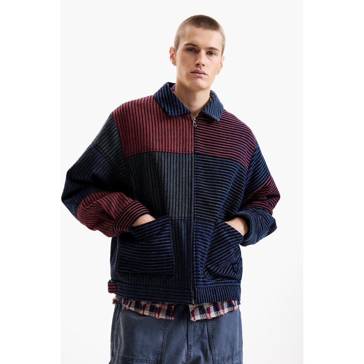 Manteau en chenille à blocs rouge, DESIGUAL