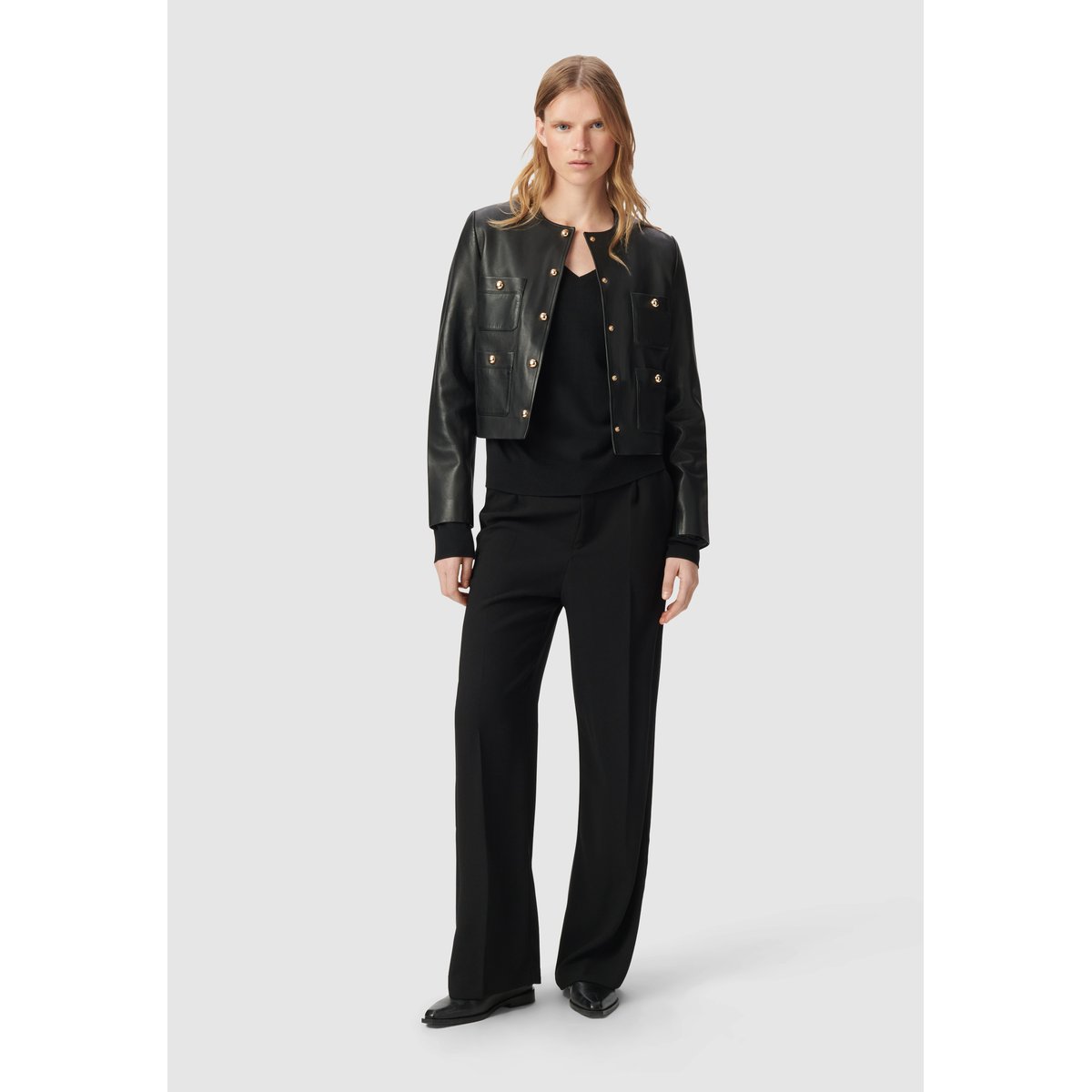 Veste courte en cuir poches plaquées noir, IKKS
