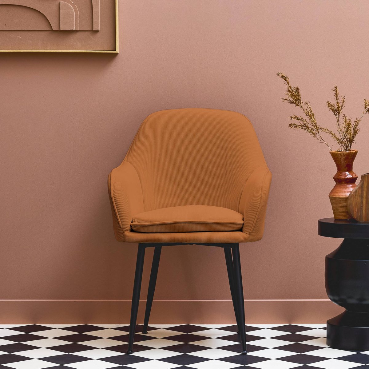 Fauteuil velours côtelé et pieds métal SHELLA camel, SWEEEK