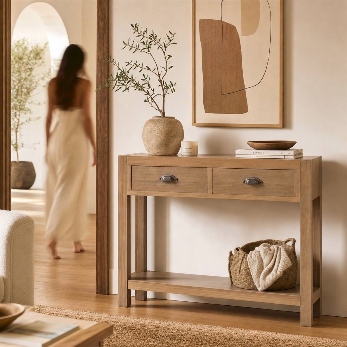 Console en bois de pin avec tiroirs naturel, RECOLLECTION