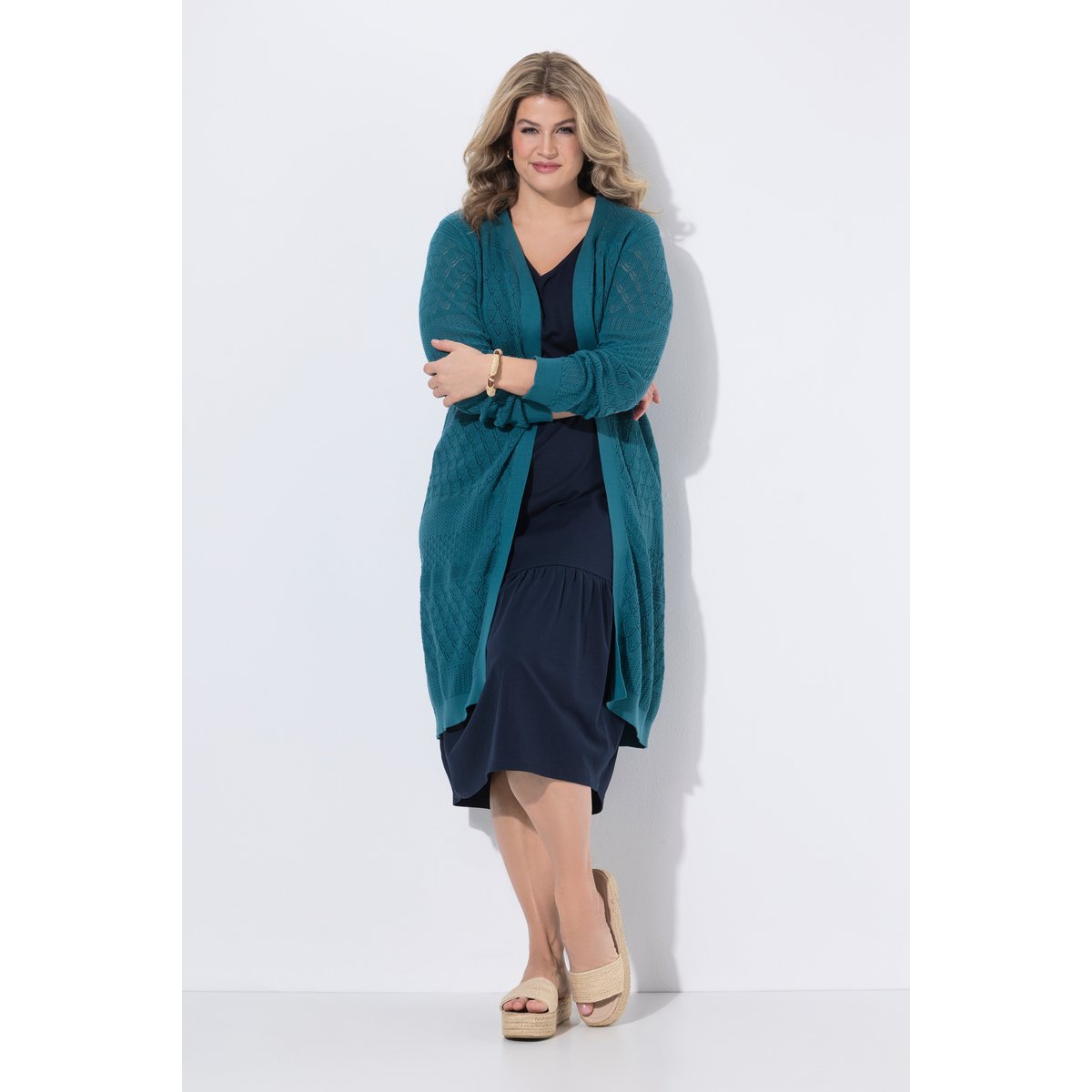 Cardigan long en maille de coton bio ajourée pétrol, ULLA POPKEN