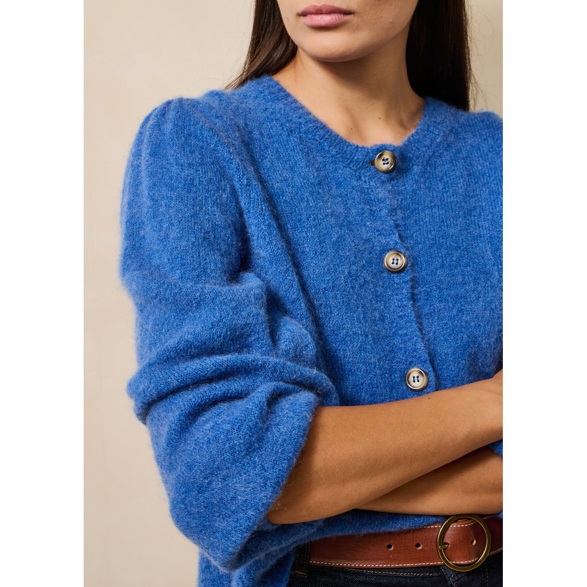 Gilet droit et court col rond denim, LA FEE MARABOUTEE