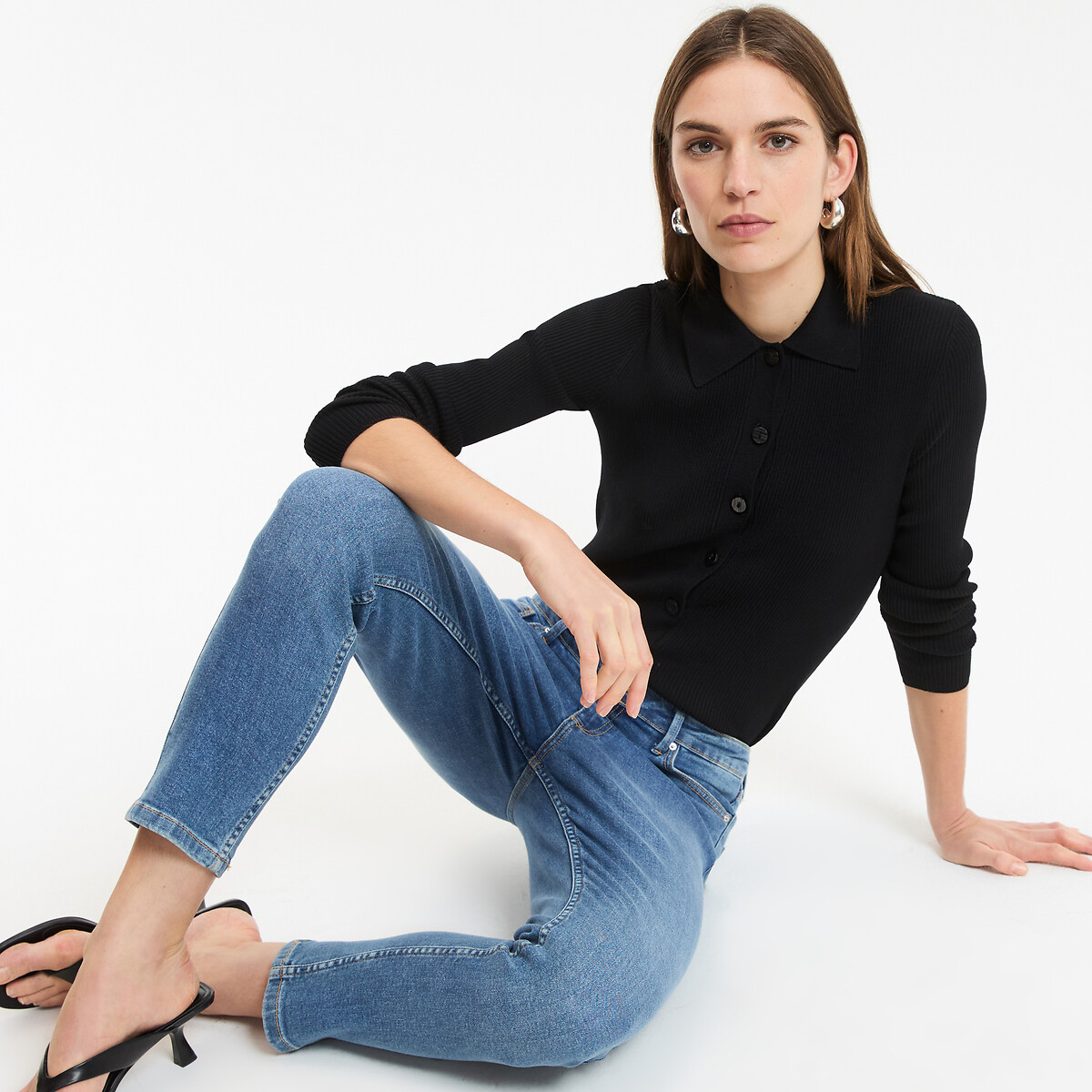 Cardigan com gola polo em malha fina, com botões preto , LA REDOUTE COLLECTIONS