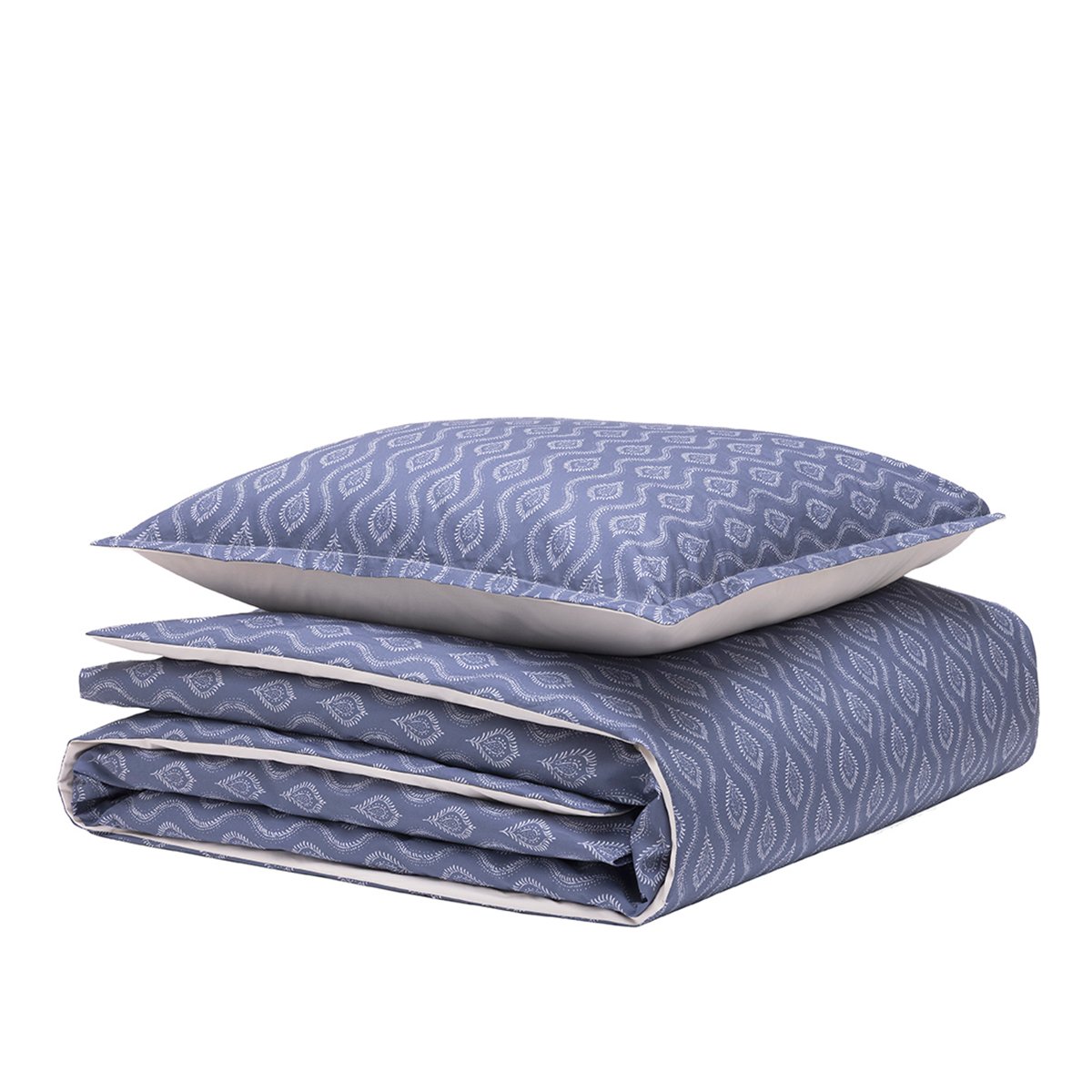 Parure de lit imprimée en percale de coton, taies rectangles, HAVELI bleu foncé, ESSIX