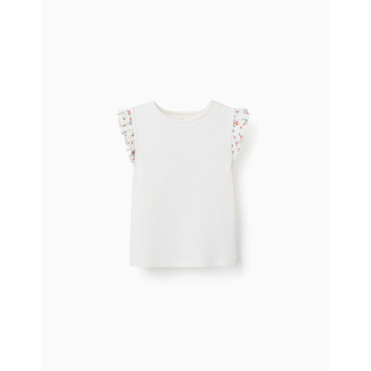 T-shirt en coton côtelé avec manches à volants beige clair, ZIPPY