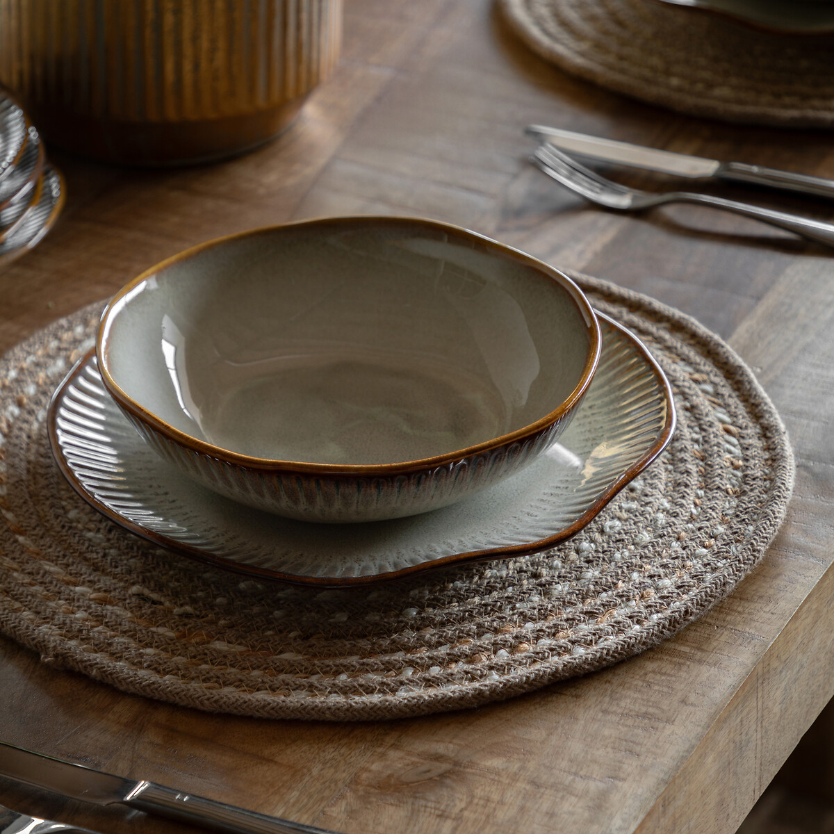 Set of 4 Harville Ridged Pasta Bowls in Stone brown              , ÉDITÉ