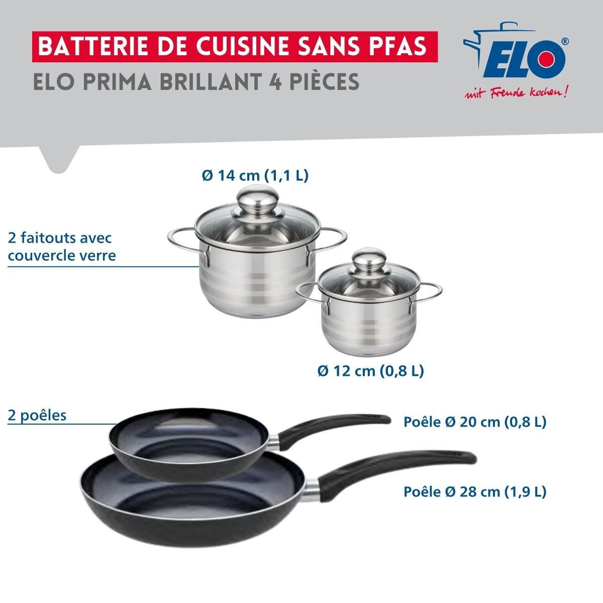 Batterie 2 poêles 20/28cm + 2 faitouts 12/14cm PRIMA BRILLANT noir, ELO
