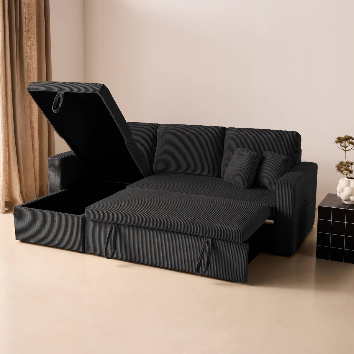 Canapé d'angle convertible réversible 3 places velours côtelé grosse côte avec coffre IDA gris foncé, SWEEEK