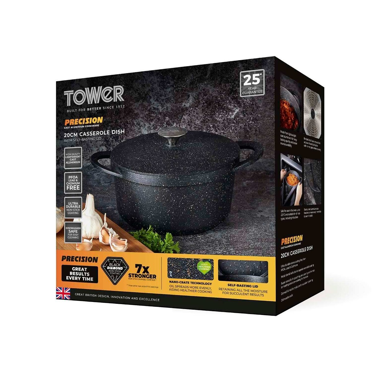 20cm Precision Casserole with Lid black, TOWER