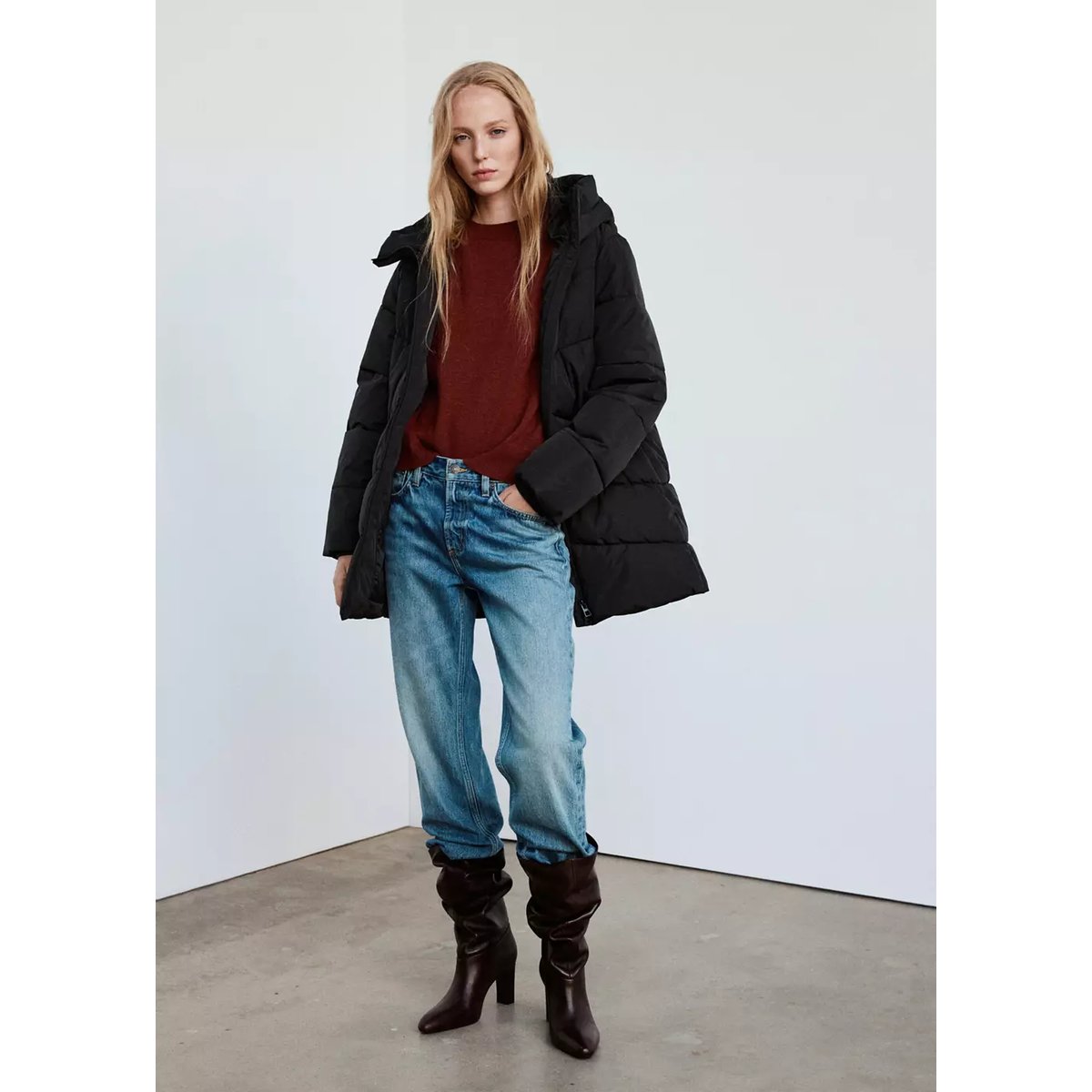 Anorak matelassé à capuche noir, MANGO