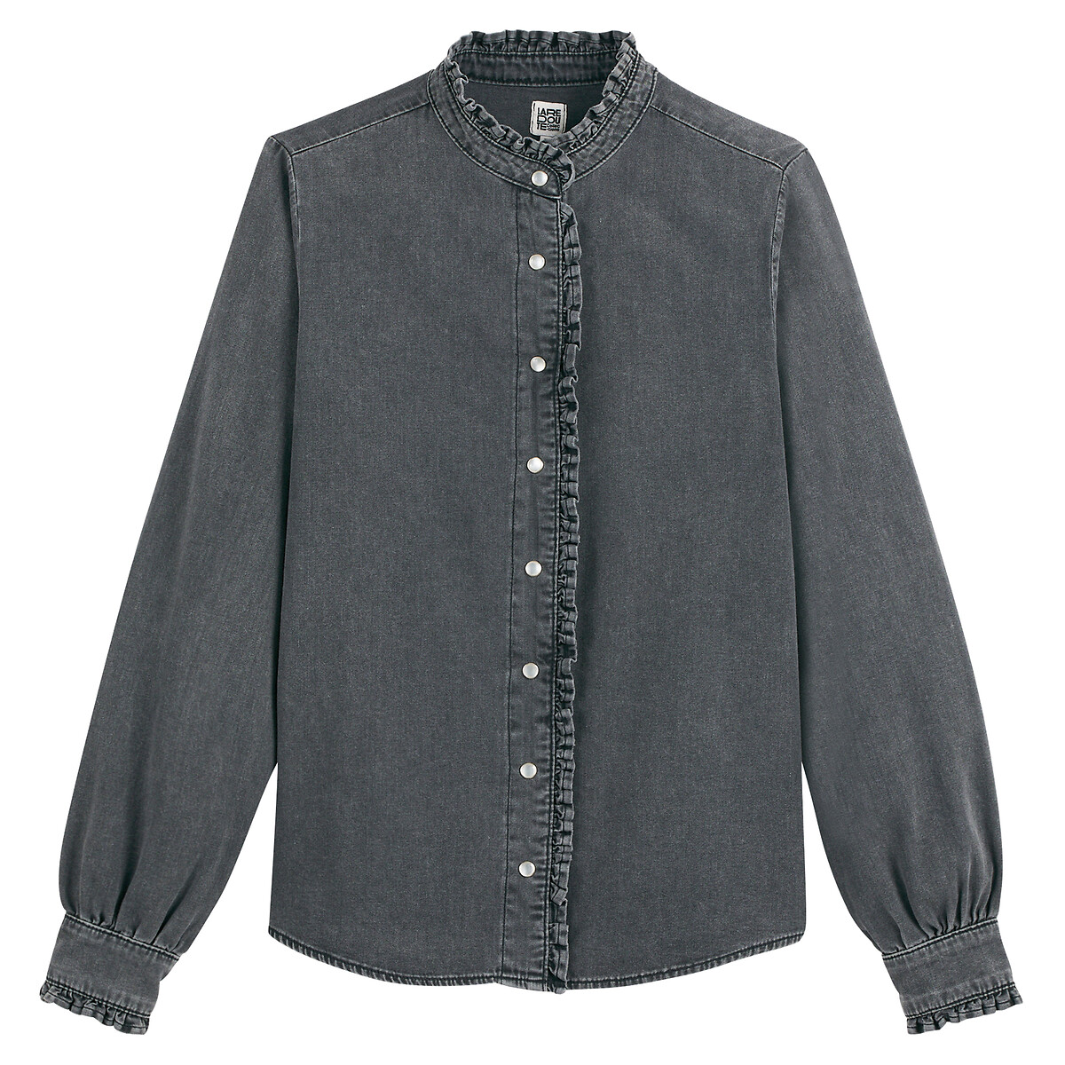 Denim Victorian Collar Shirt with Long Sleeves black, LA REDOUTE COLLECTIONS