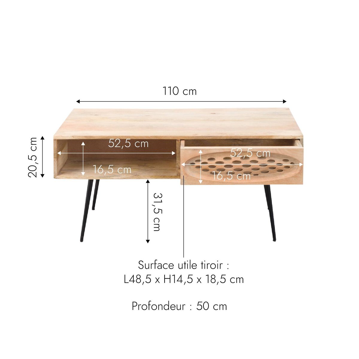 Table basse en bois de manguier 942 noir, MADE IN MEUBLES