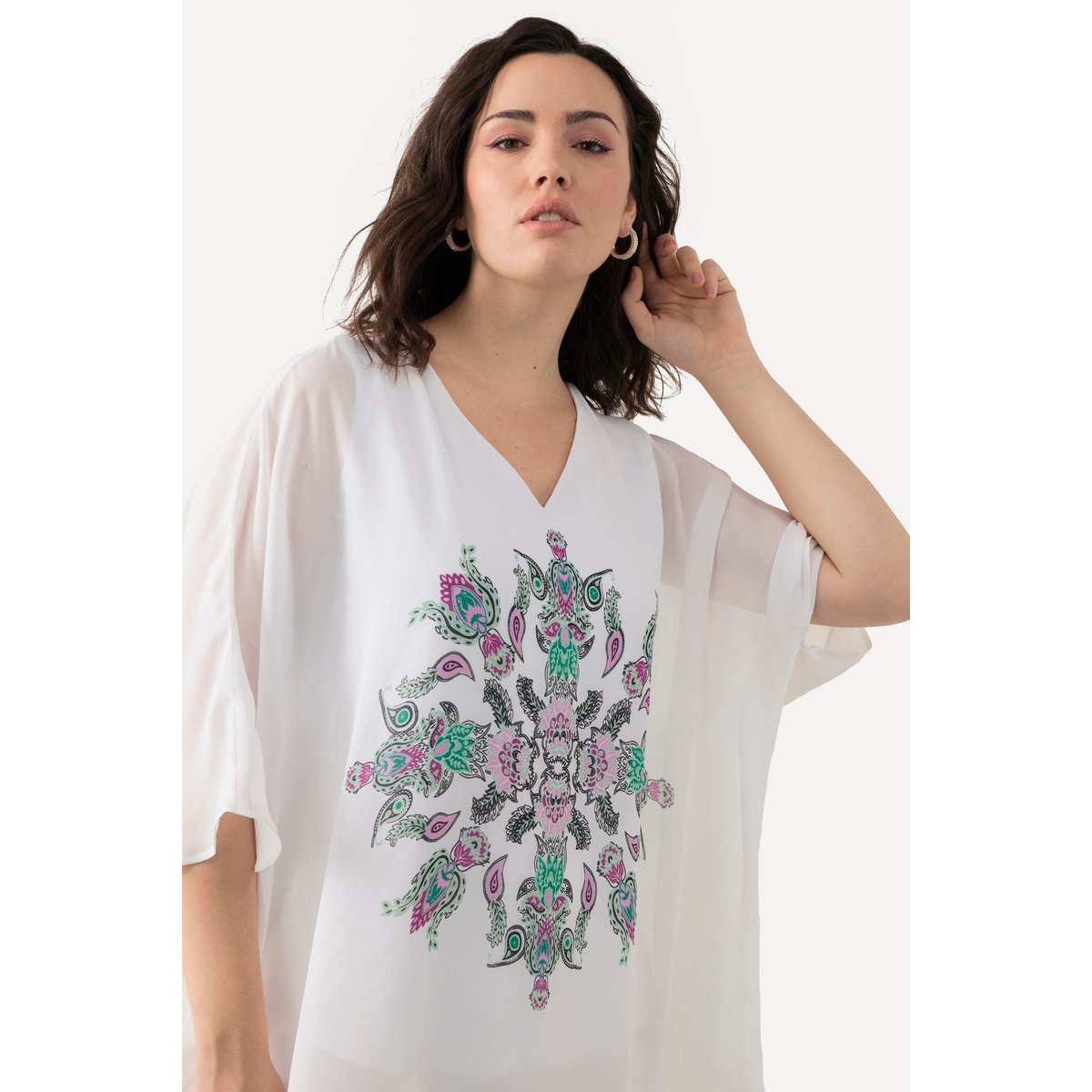 Tunique oversized à col V et manches courtes vert bleu, ULLA POPKEN