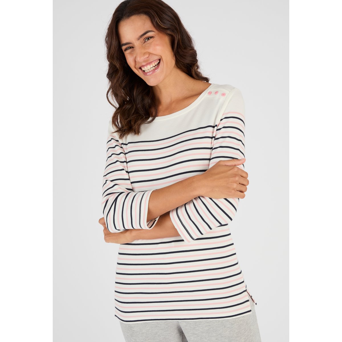 T-shirt rayé maille interlock rayé rose/marine, DAMART