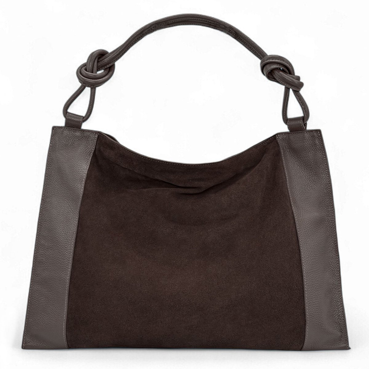 Grand sac porté épaule croûte de cuir et cuir grainé KNOT marron foncé, OH MY BAG