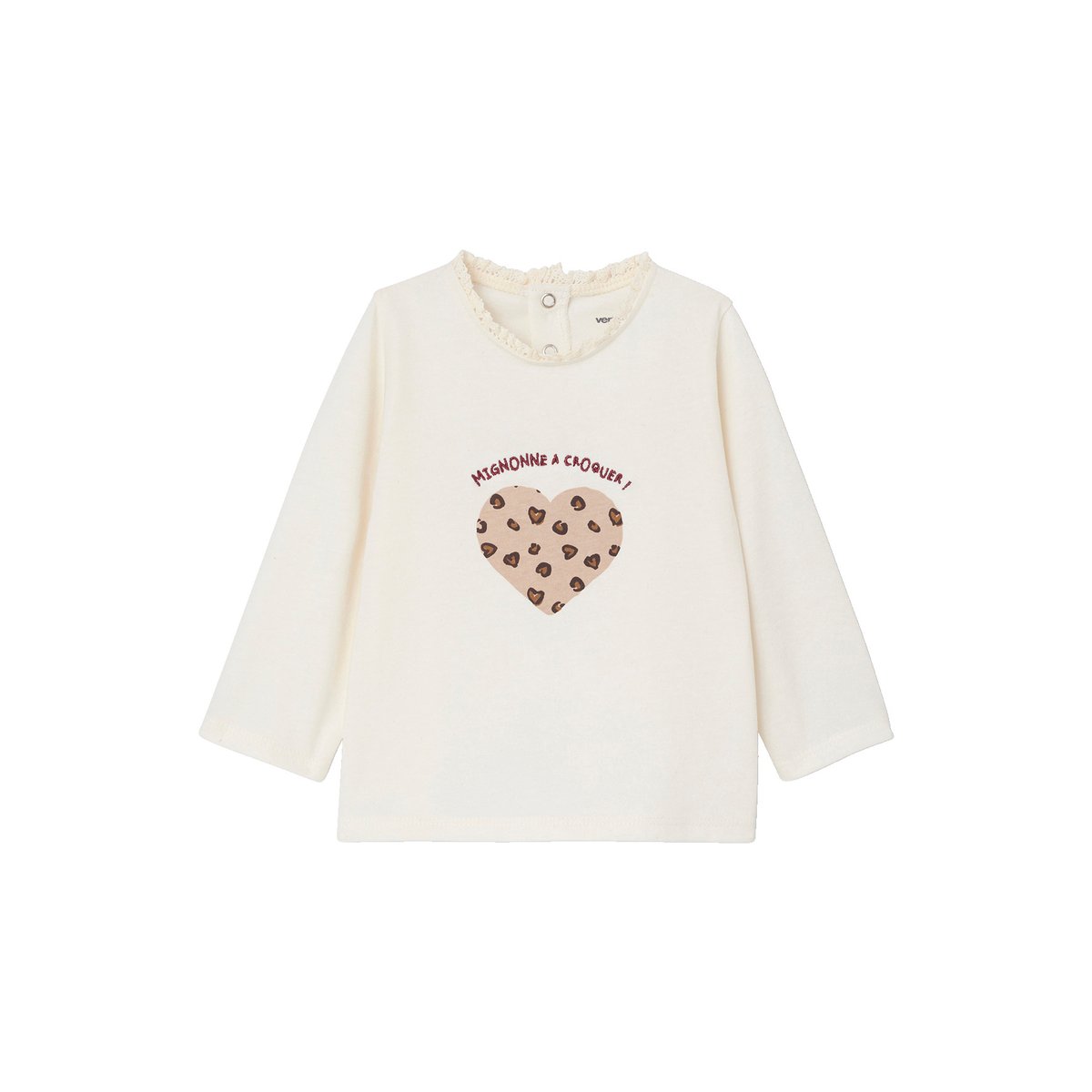 T-shirt manches longues avec motif coeur léopard écru, VERTBAUDET
