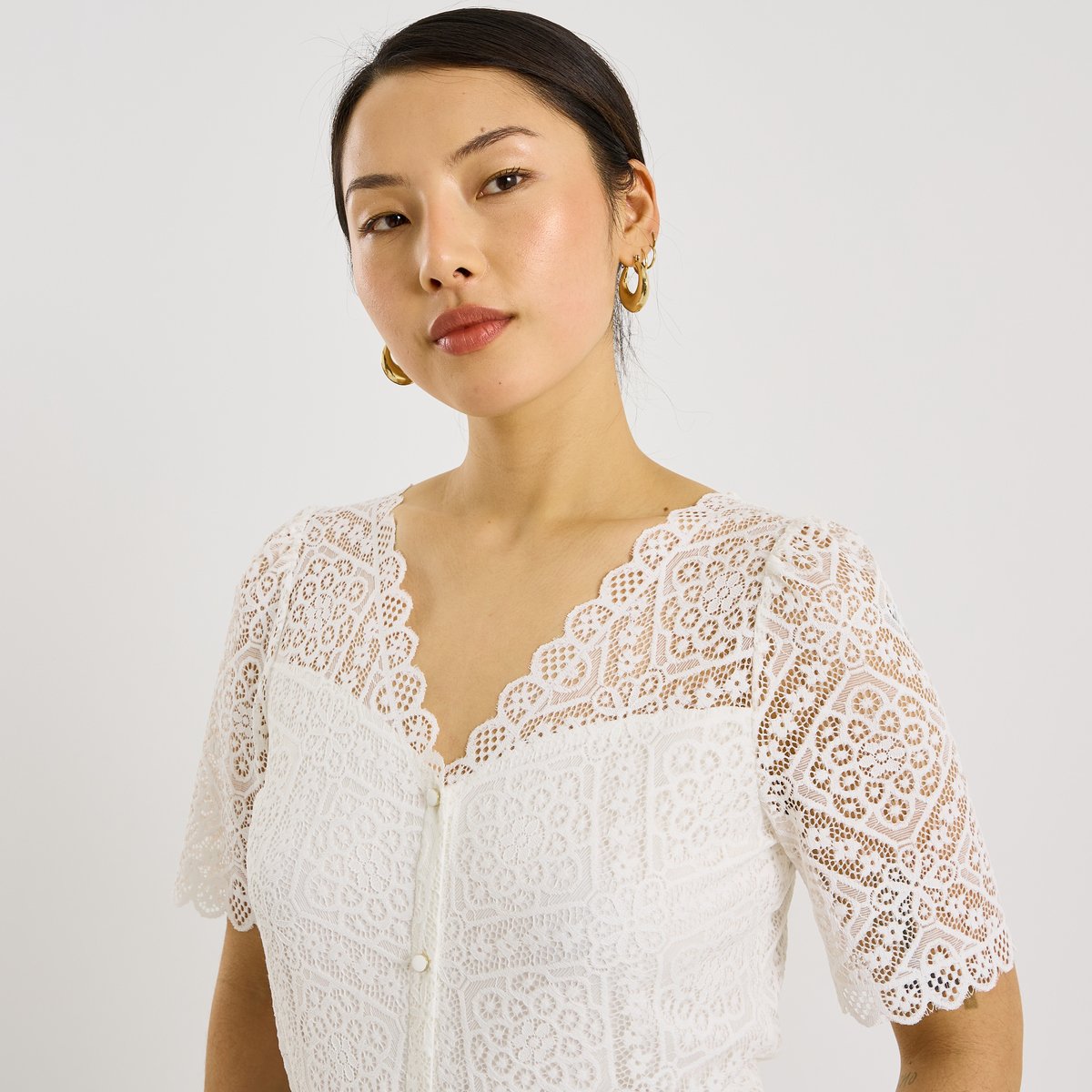 Blouse ajourée col V blanc cassé blanc, GRAIN DE MALICE