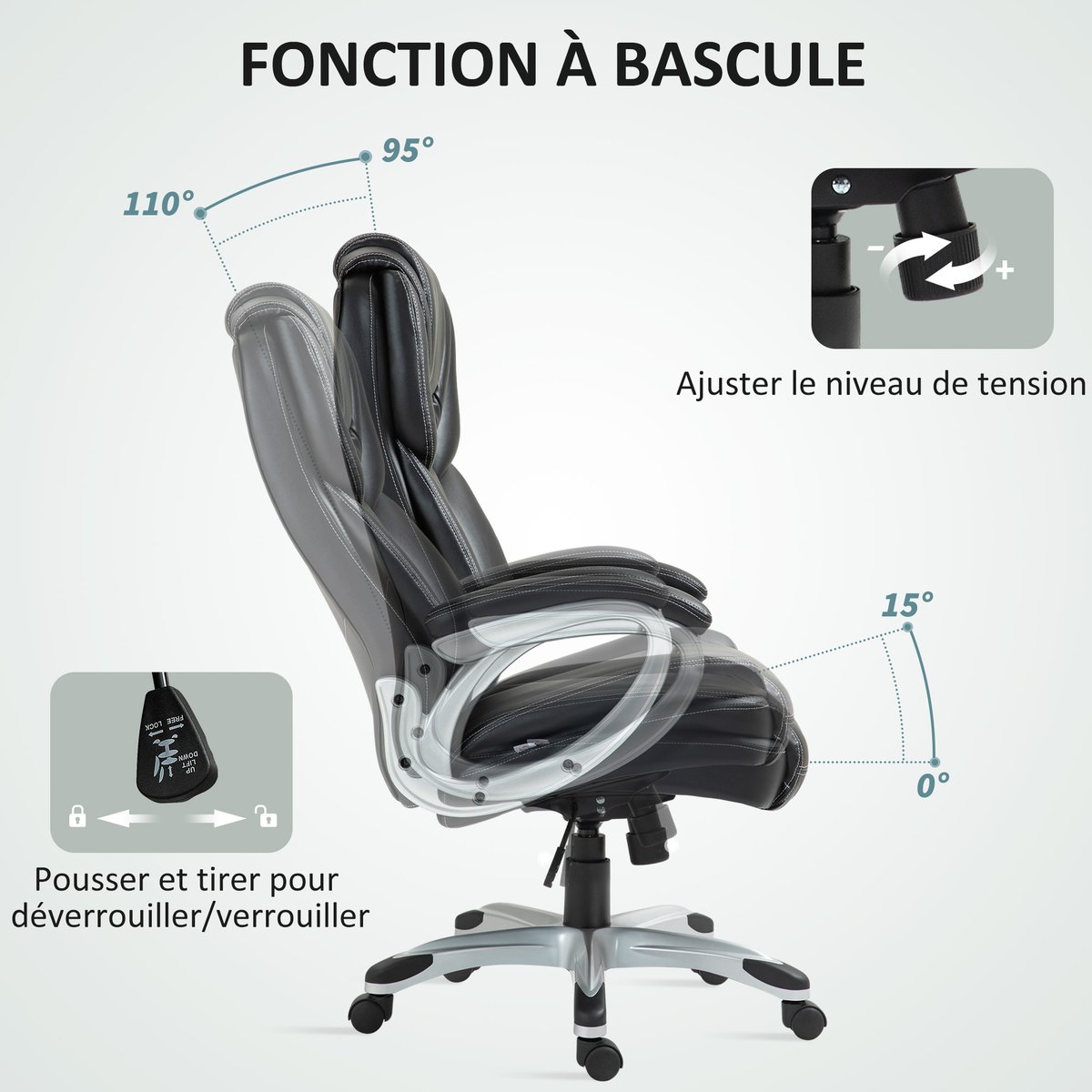 Chaise de bureau Revêtement synthétique Noir noir, HOMCOM