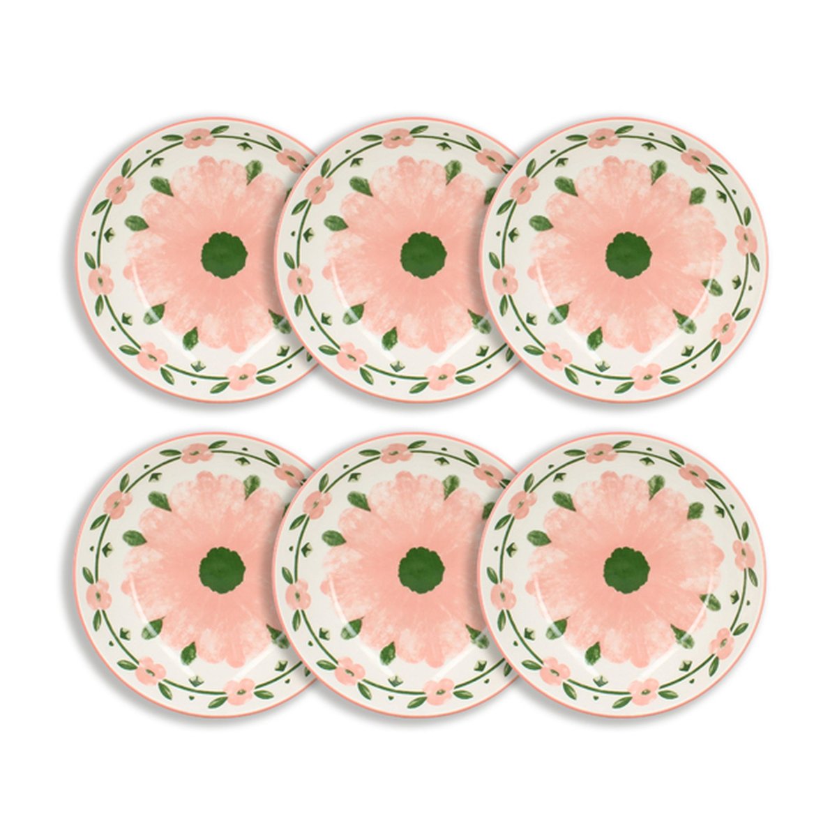 Lot de 6 assiettes creuses 20cm en porcelaine, PRIMAVERA blanc-rose, NOVASTYL