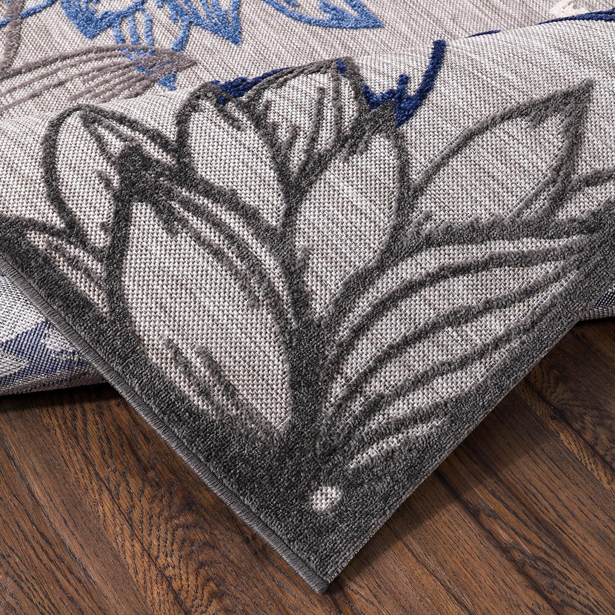 Tapis extérieur tissé kilim rectangle CHIMEKO gris, bleu, UN AMOUR DE TAPIS