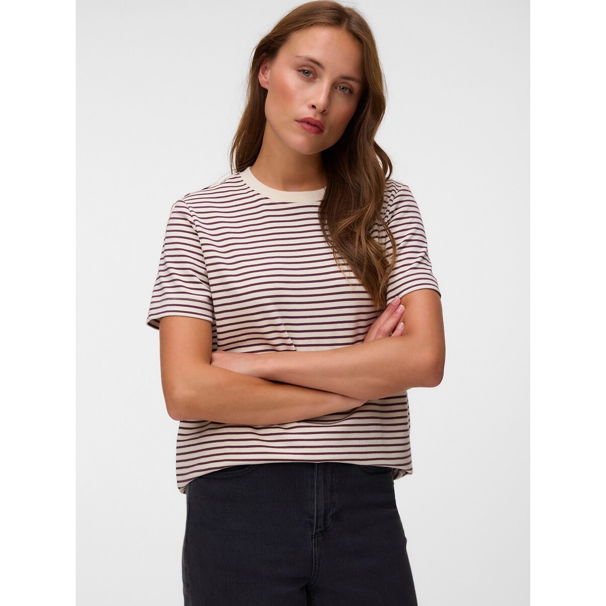 T-shirt rayé col rond manches courtes ecru/marron, VERO MODA