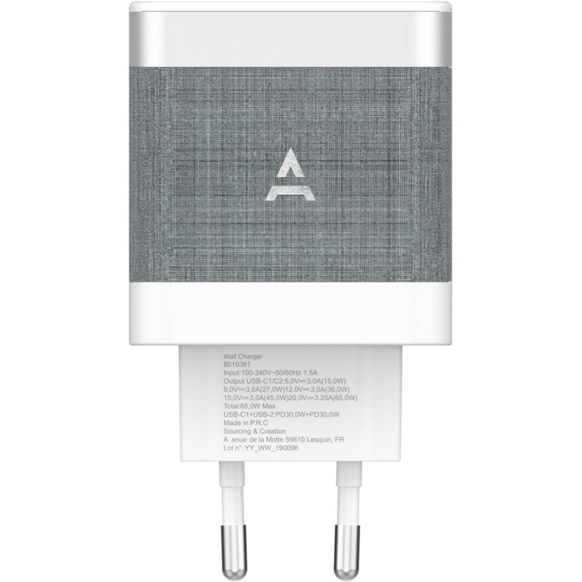 Chargeur ordinateur portable 65W charge rapide 2 USB-C blanc, ADEQWAT